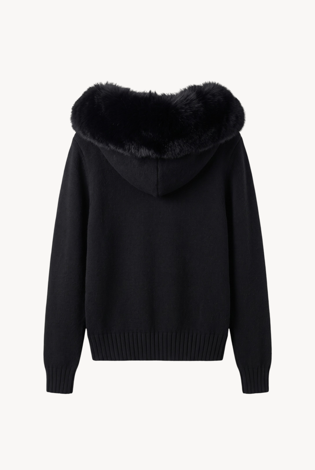 lily black wool hooded cardigan with a plush genuine fox fur trim on the hood, shown from the back view