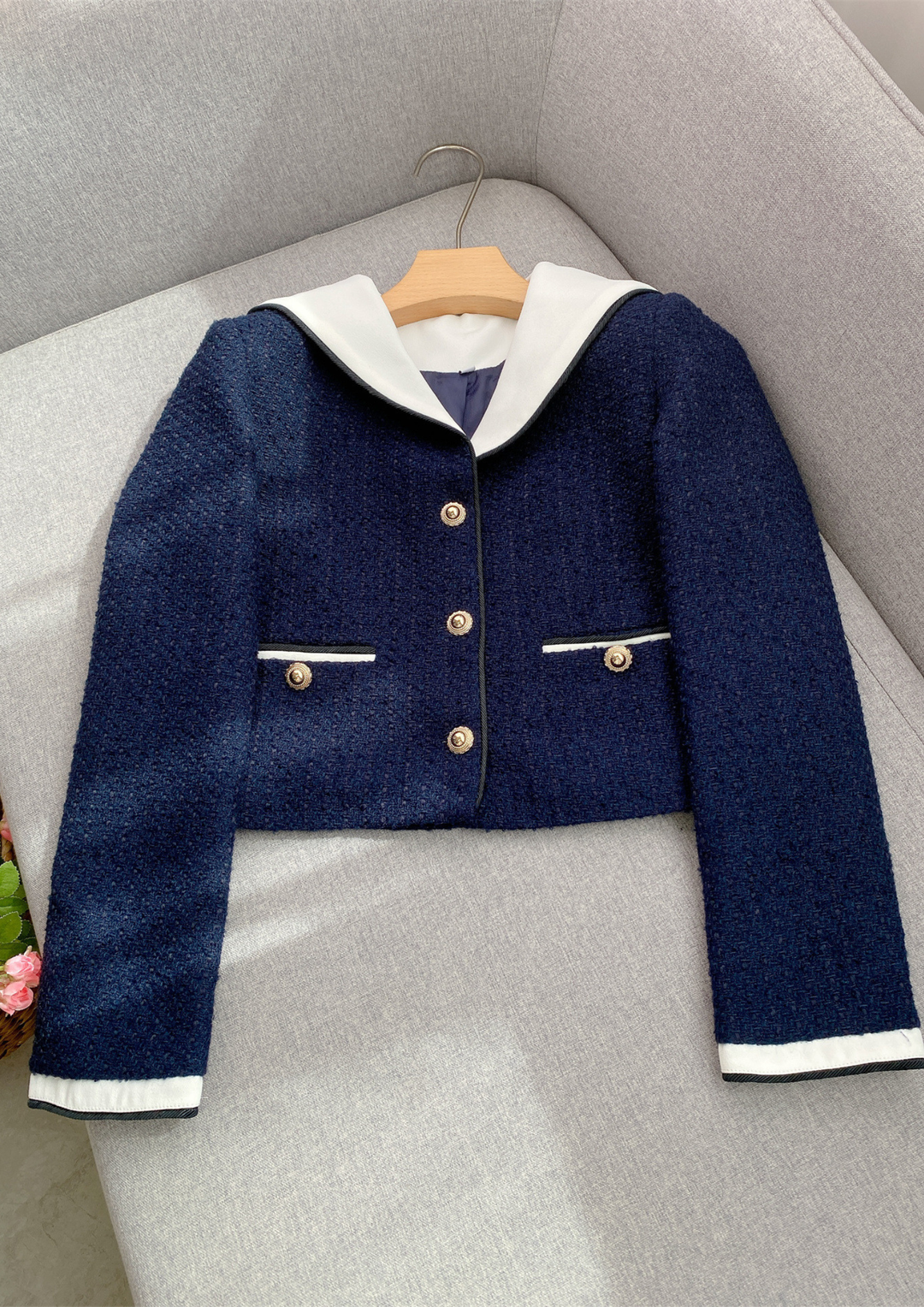 Navy Contrast Elegance Tweed Belted Set