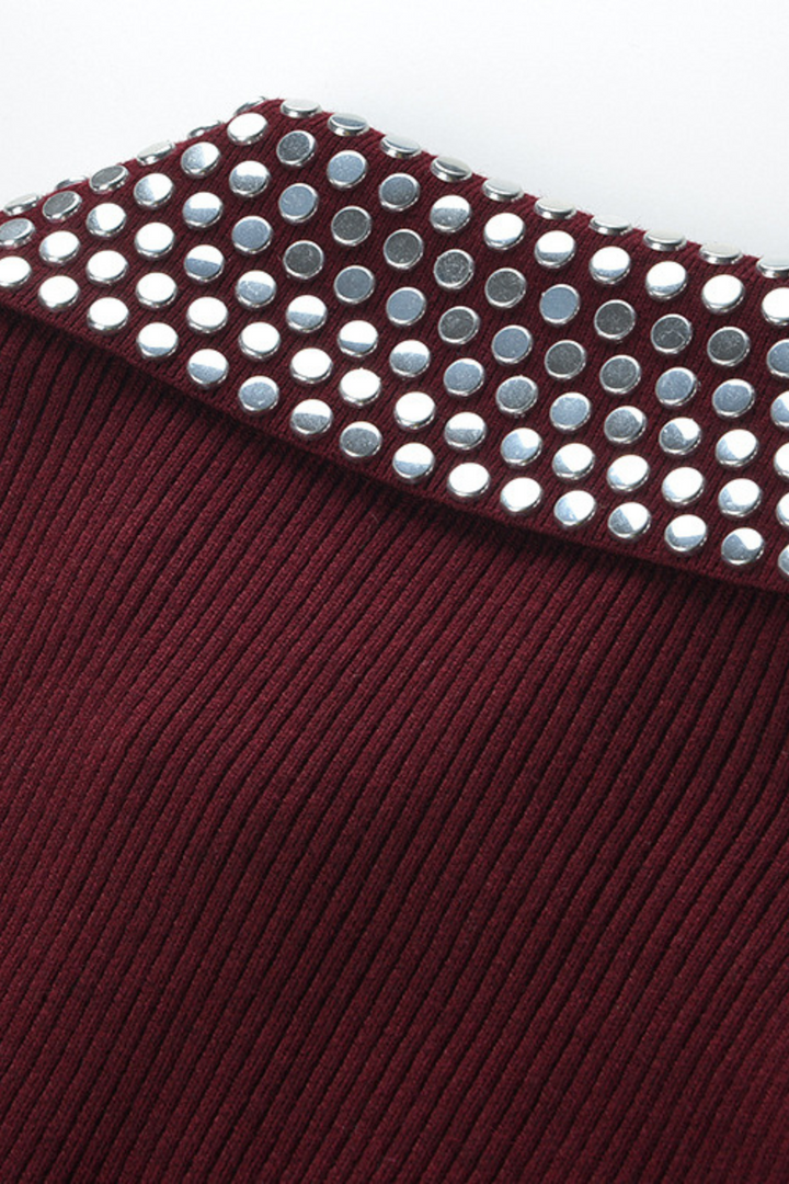 Elegant Burgundy Stud Collar Ribbed Wool Polo Top