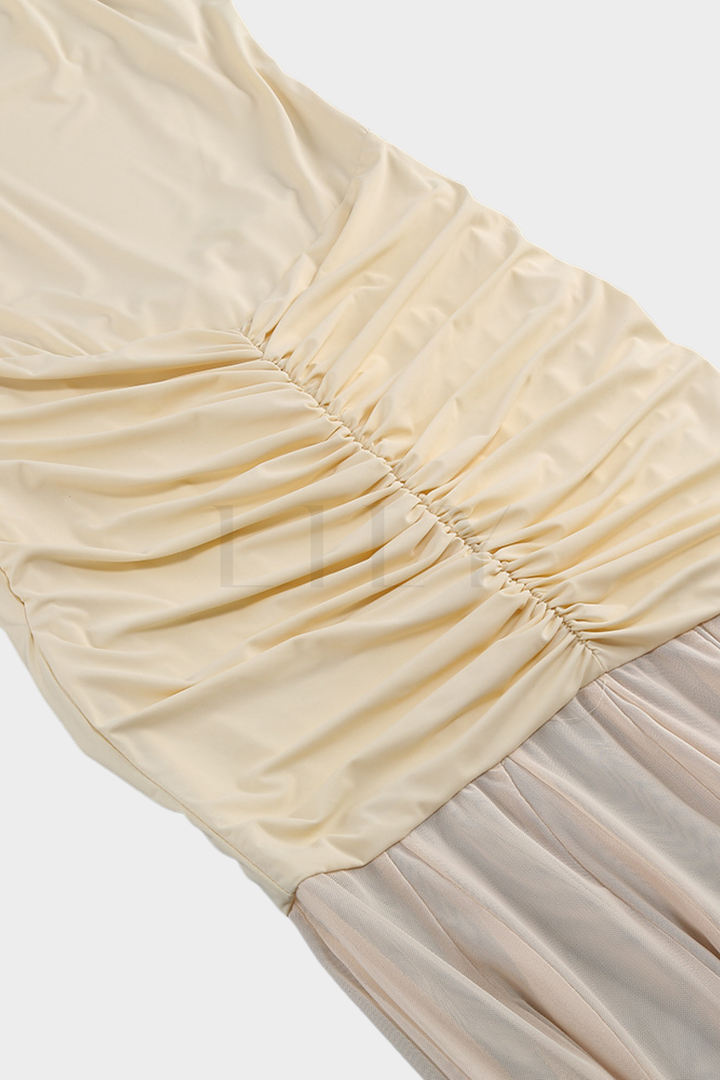 Katie Mesh Ruched Off Shoulder Sheer Maxi Dress