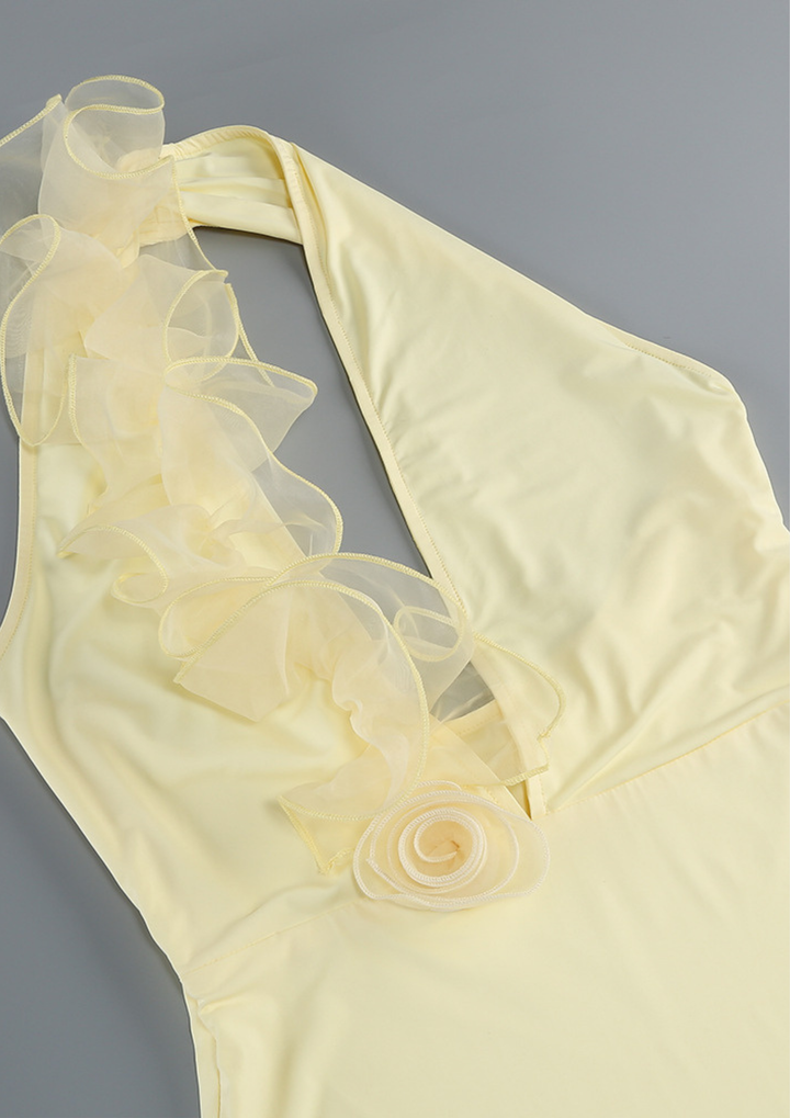 Sunlit Bloom Deep V Backless Maxi Dress
