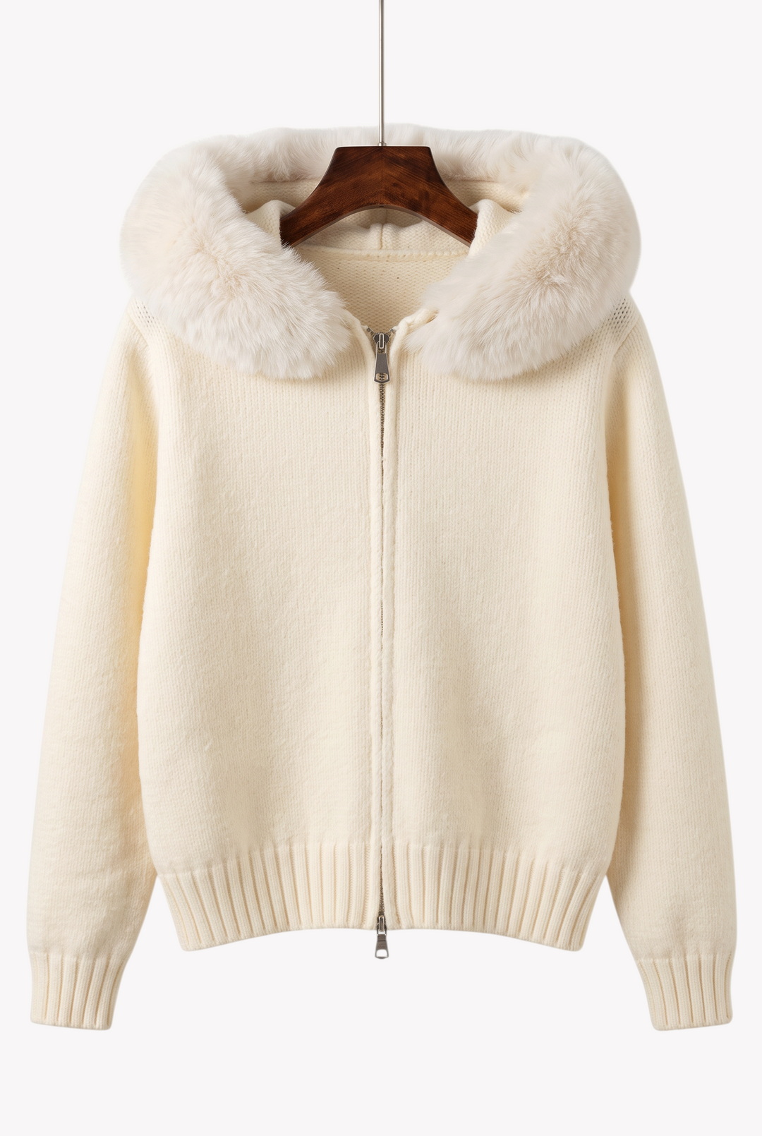 lily cream wool hooded jacket with a plush genuine fox fur collar and full front zipper closure
