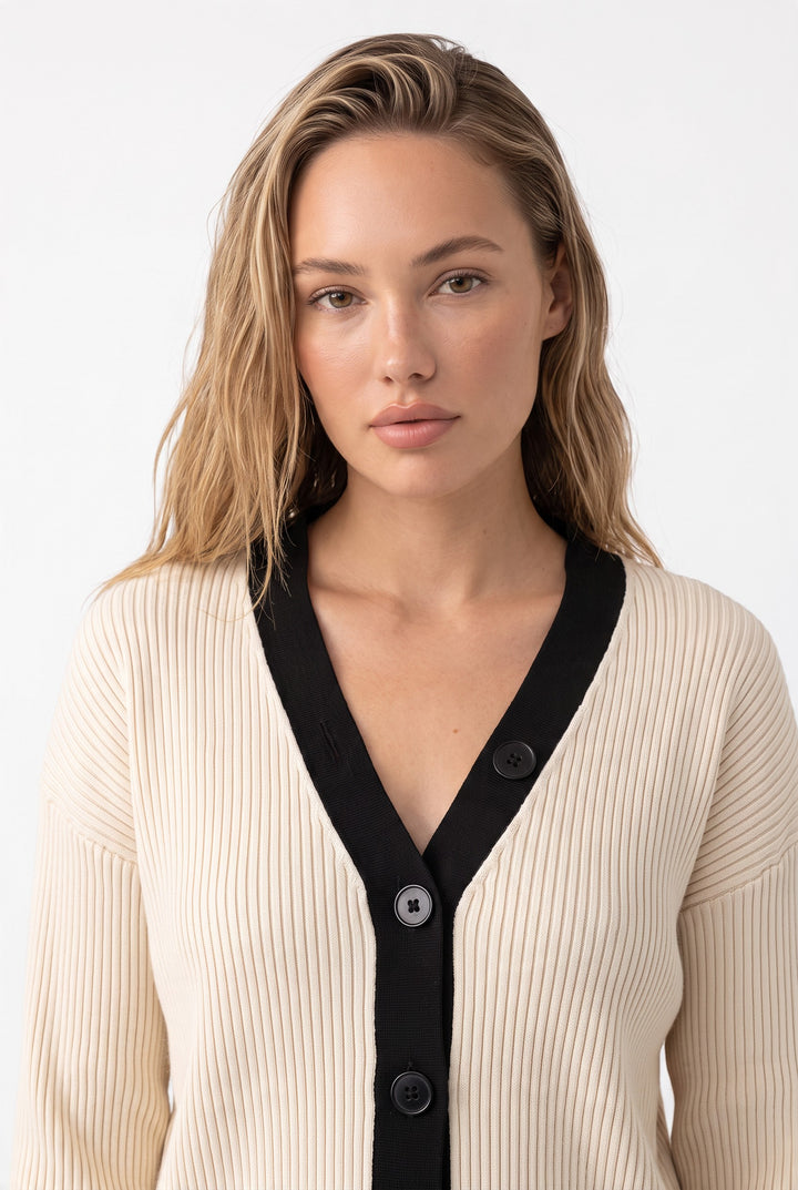 Desert Contrast Soft Wool V Neck Button Up  Top