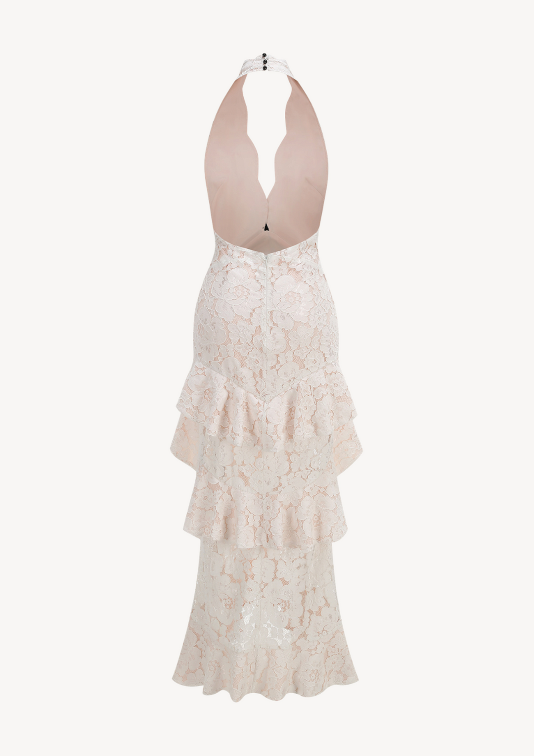 lily Evelina floral lace maxi dress with a plunging halter neckline, cascading ruffles, and a fitted waist.