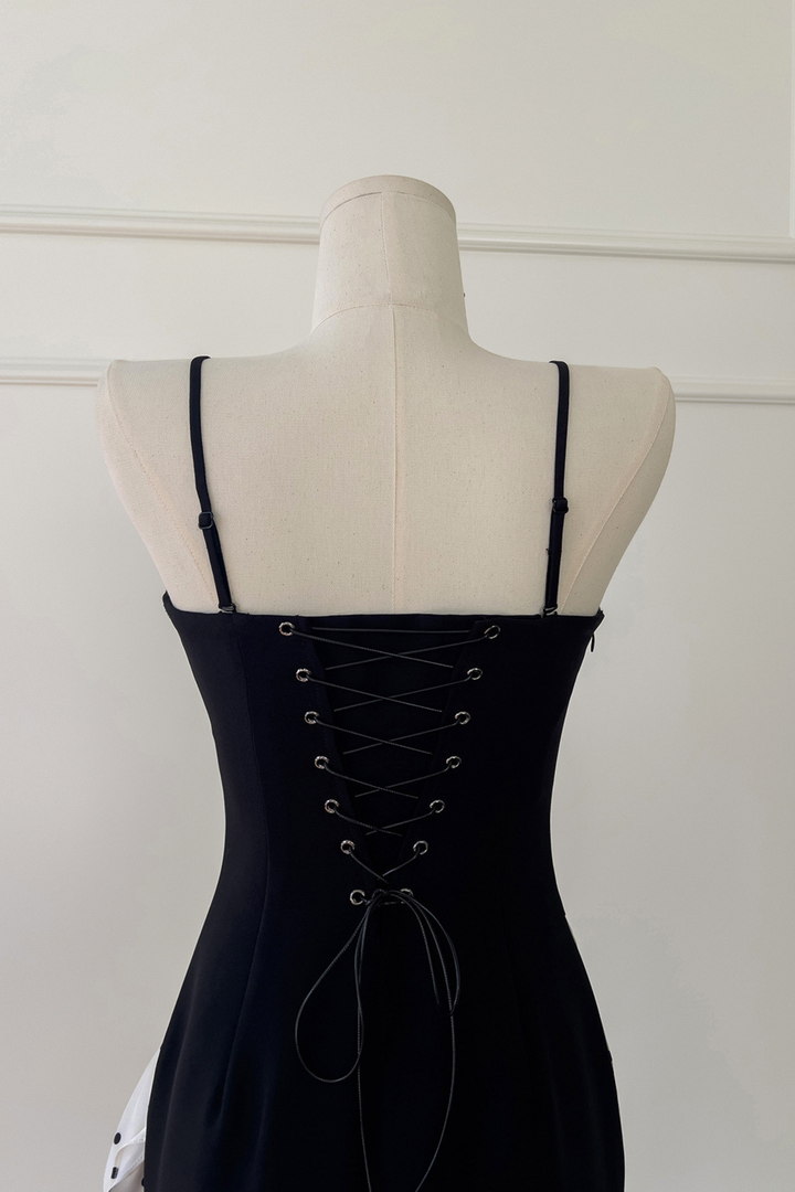 Noir Rosette Polka Back Tie Mini Dress