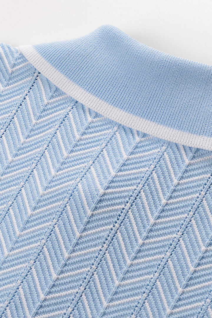 Skyline Chevron Viscose Polo Knit  Light Blue Textured Top