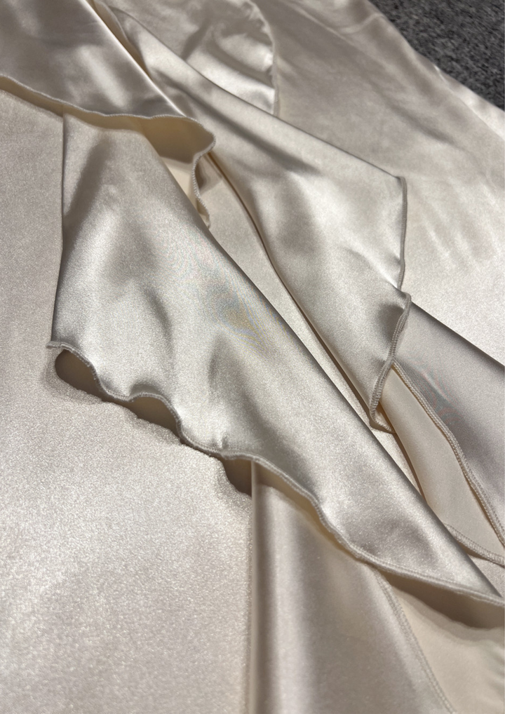 Ivory Rosette Draped Satin Maxi Dress