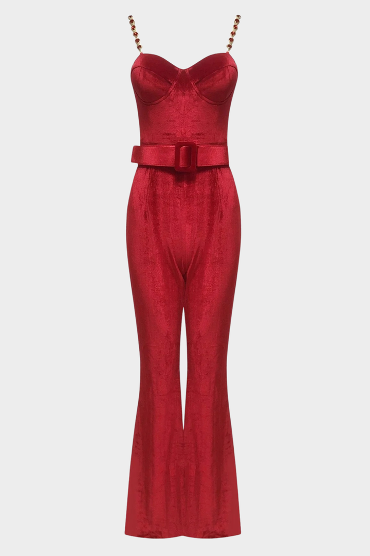 Ruby Elegance  Velvet Belted Jumpsuit