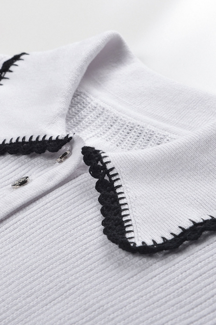 Contrast Lace Trim Viscose  Knit Polo Top