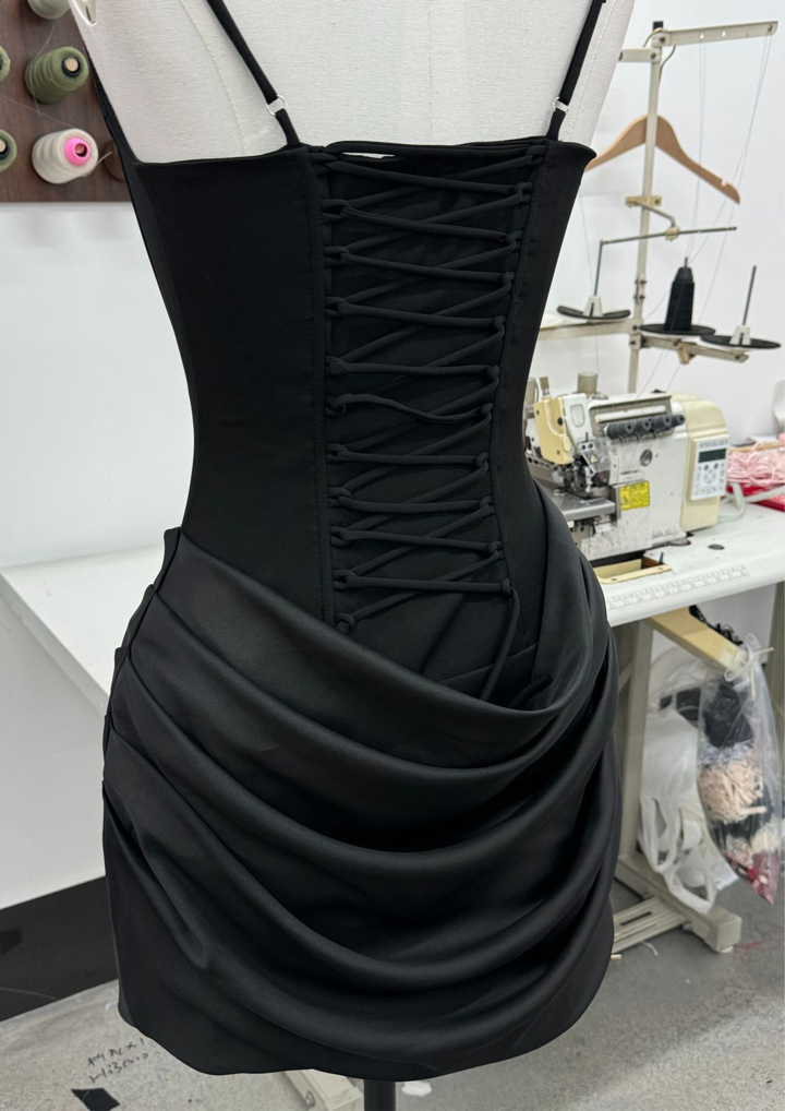 Draped Waist Sculpt Back Lace Mini Dress