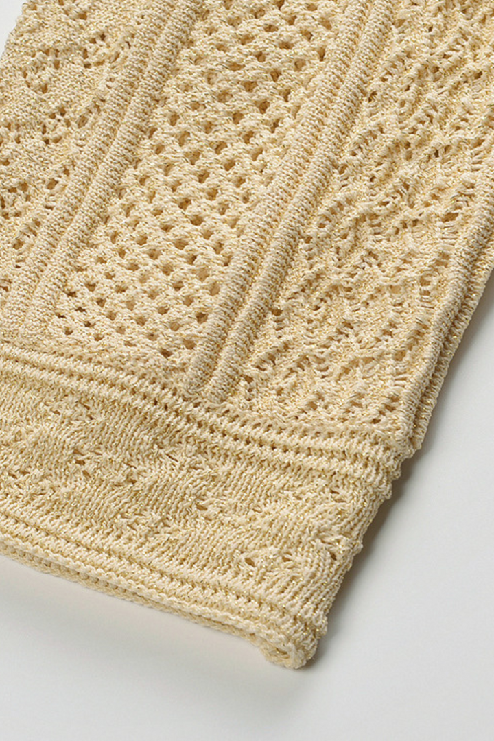 Beige Hollow Knitted Viscose Pearl Button Cardigan &amp; Maxi Skirt Set