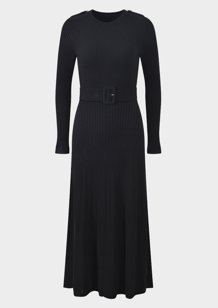 Classic Rib Belted Wool Knit Maxi Dress