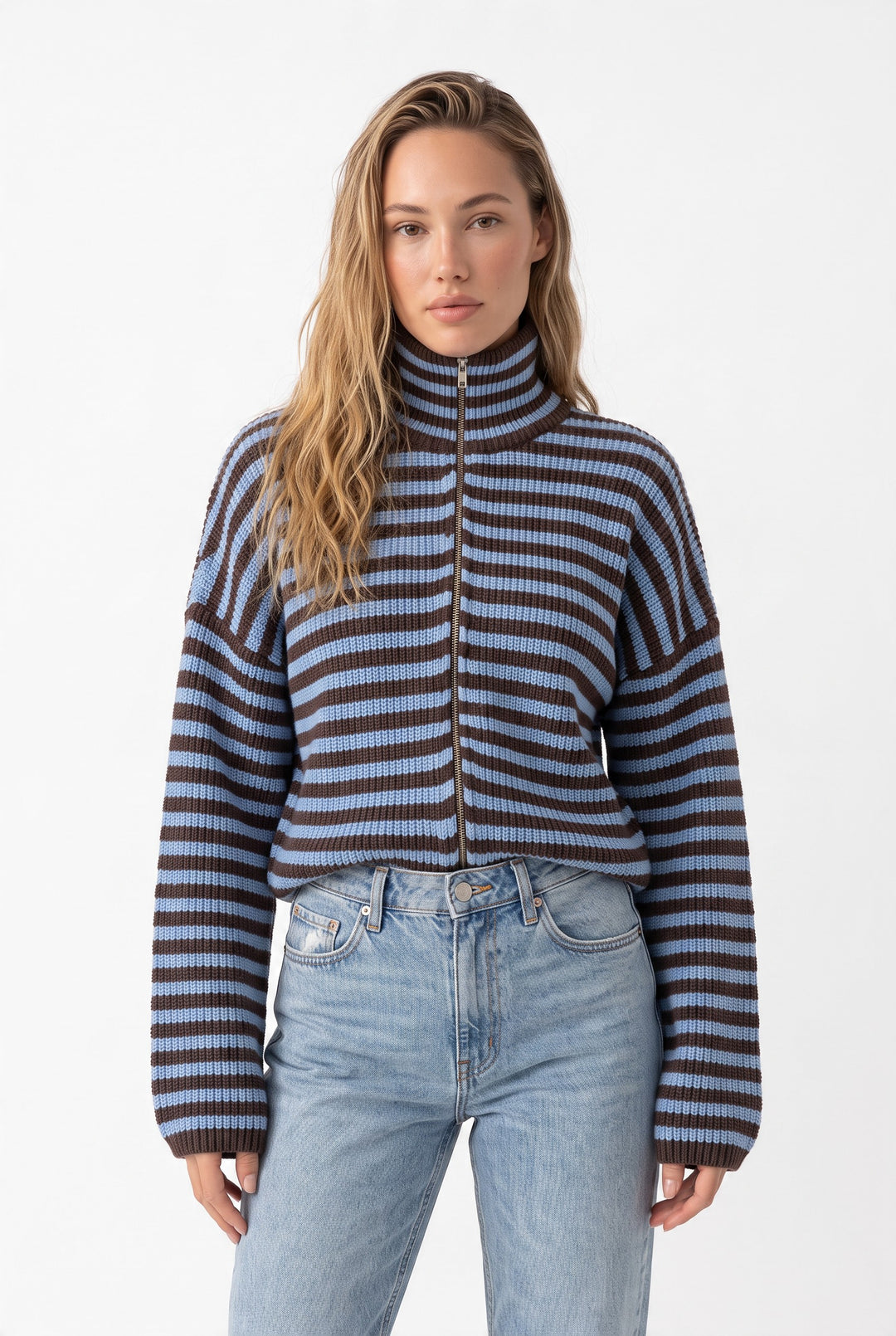 Striped Zip-Up Knit Cardigan Top