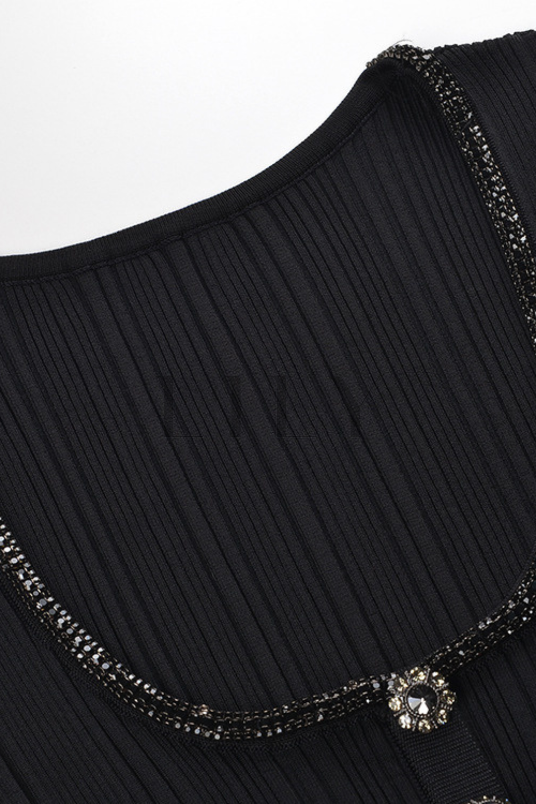 Crystal Trim U-Neck Ribbed Wool Top