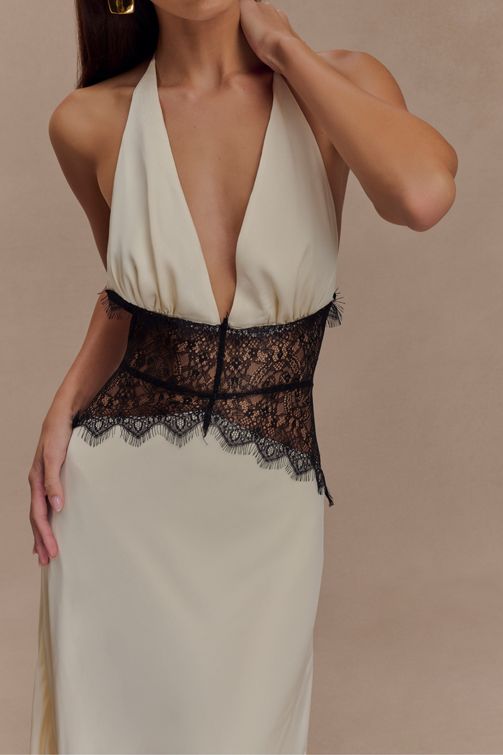 Mila Backless Satin Lace Corset Maxi Dress