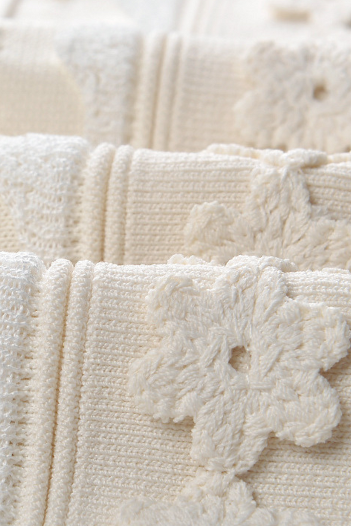 Lily – Pearl Button Floral Knit Ruffle Skirt Viscose Set In Beige