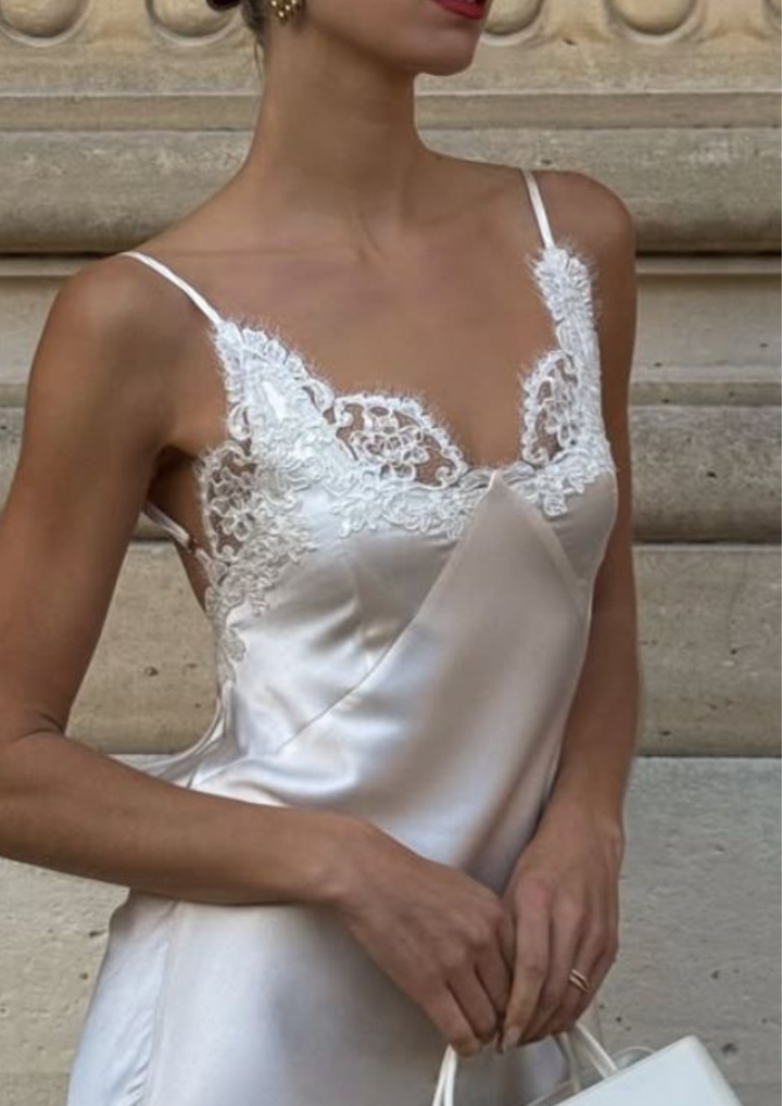 Amanda Soft Satin Lace Trim Maxi Dress