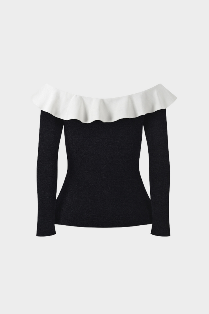 Monochrome Elegant  Ruffle off Shoulder Knit Top