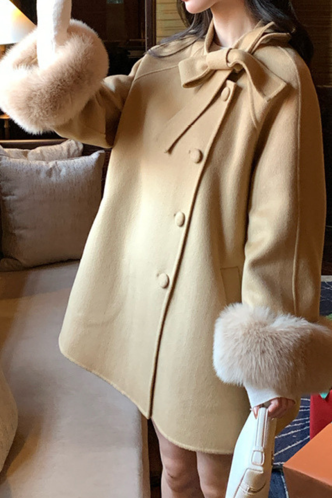 Fox Fur Wool Poncho Bow Statement Cuffs Coat