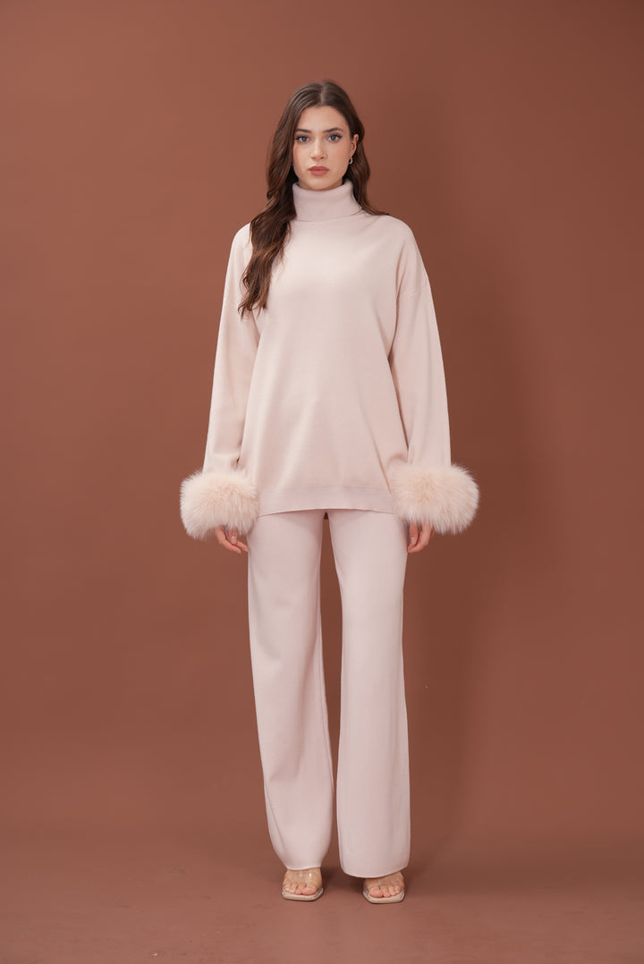 Ivy Real Fox Fur Turtleneck Knit Lounge Set