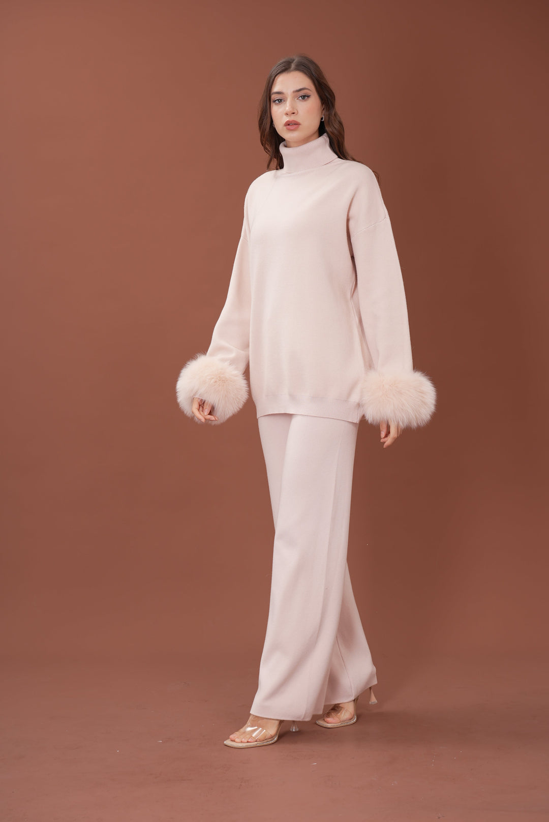 Ivy Real Fox Fur Turtleneck Knit Lounge Set