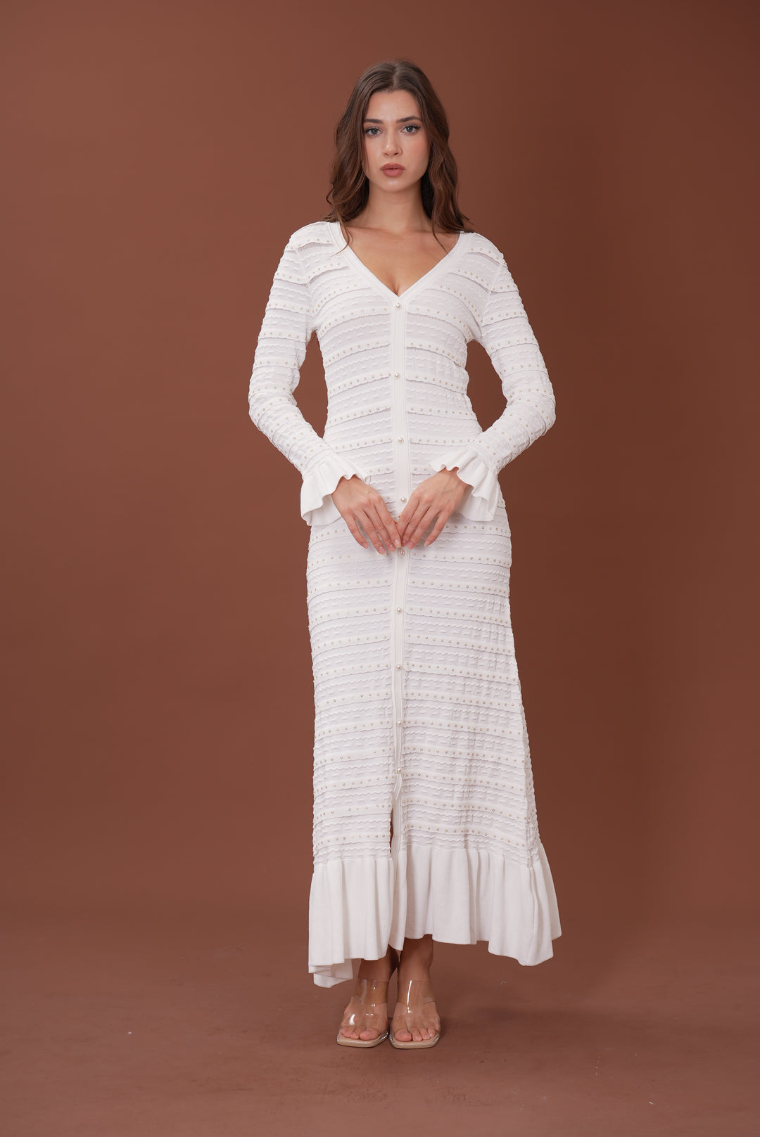 Elegant Pearl V Neck Maxi Dress