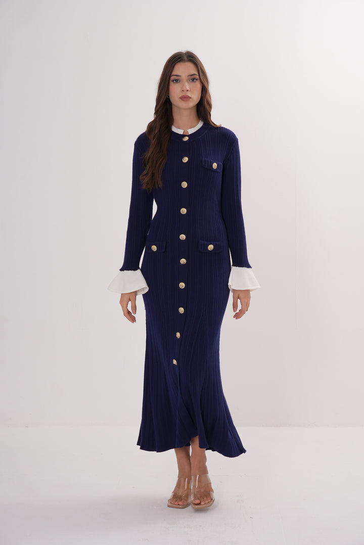 Majestic Knit Contrast Cuffs Sculpted Waist  Maxi Dress