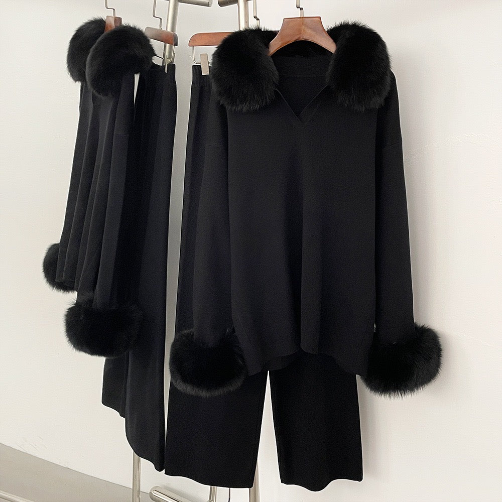 Velora Real Fox Fur Knit Lounge Set - Fur Cuff Edition
