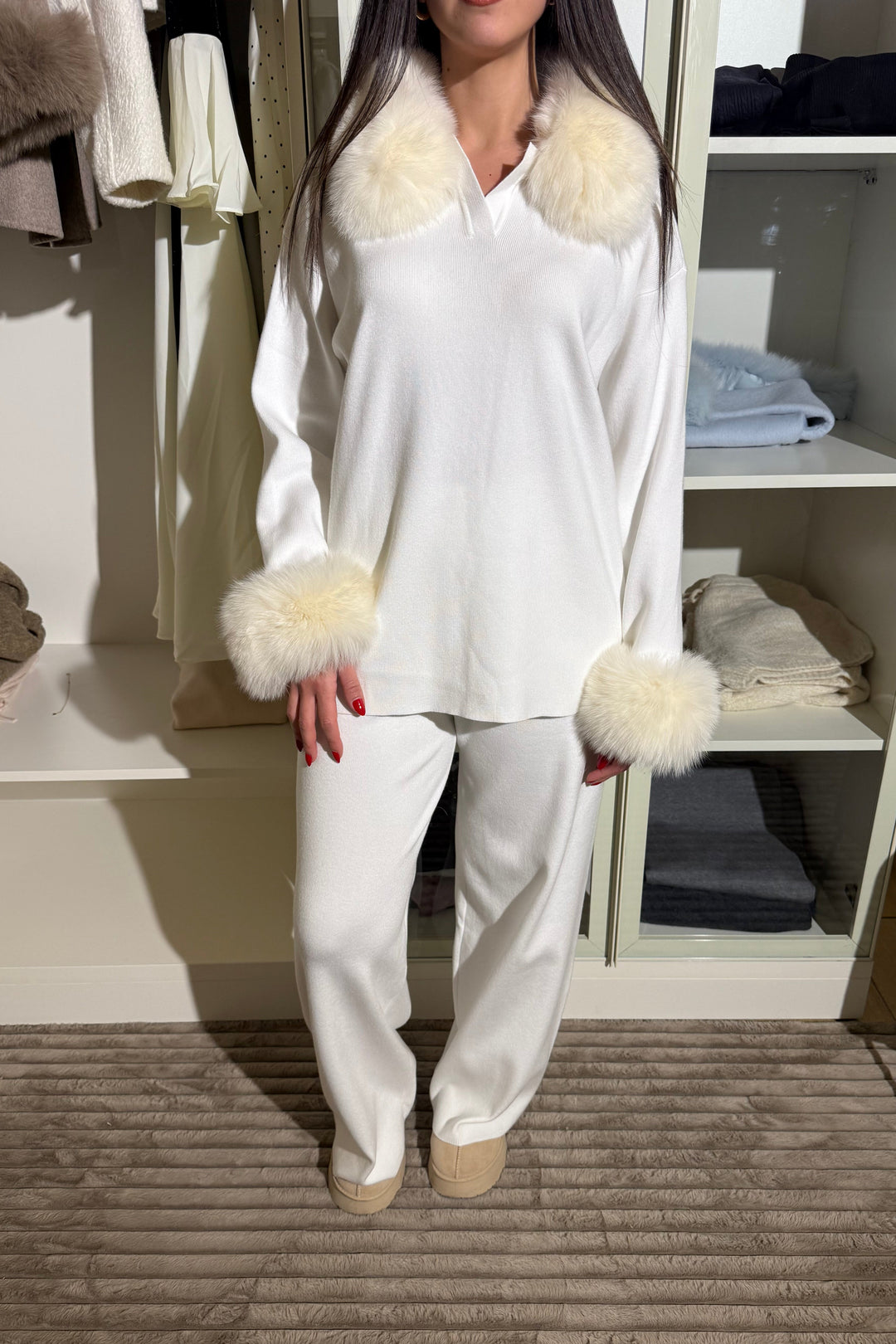 Velora Real Fox Fur Knit Lounge Set - Fur Cuff Edition