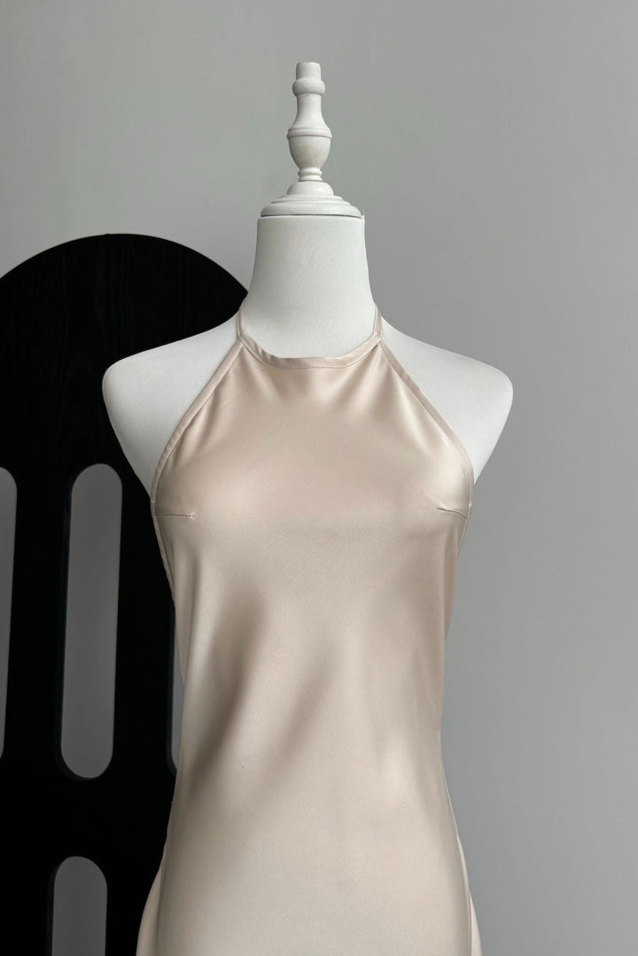 Champagne Ivory Luxury Satin Backless Maxi Dress