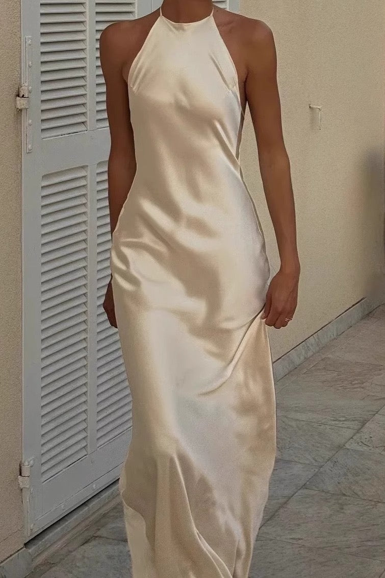 Champagne Ivory Luxury Satin Backless Maxi Dress