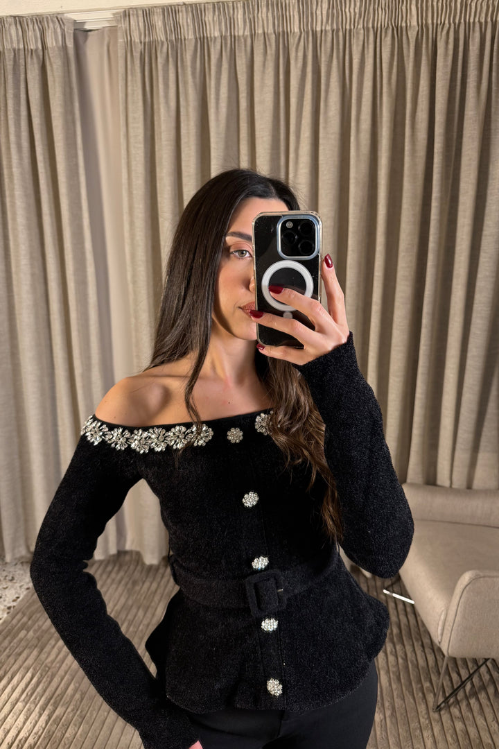 Lumière Elegance Embellished Off Shoulder Viscose Top