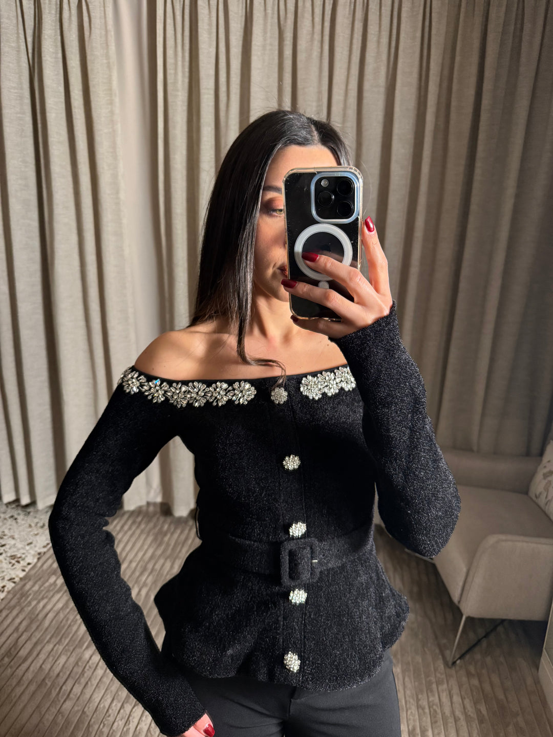 Lumière Elegance Embellished Off Shoulder Viscose Top