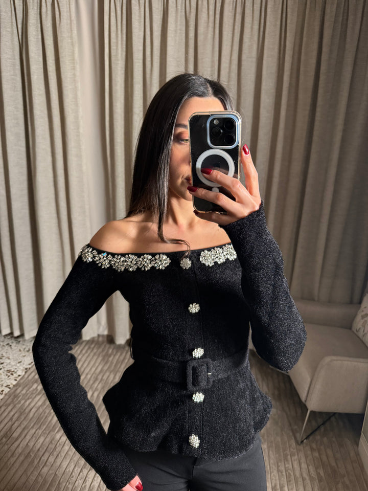 Lumière Elegance Embellished Off Shoulder Viscose Top