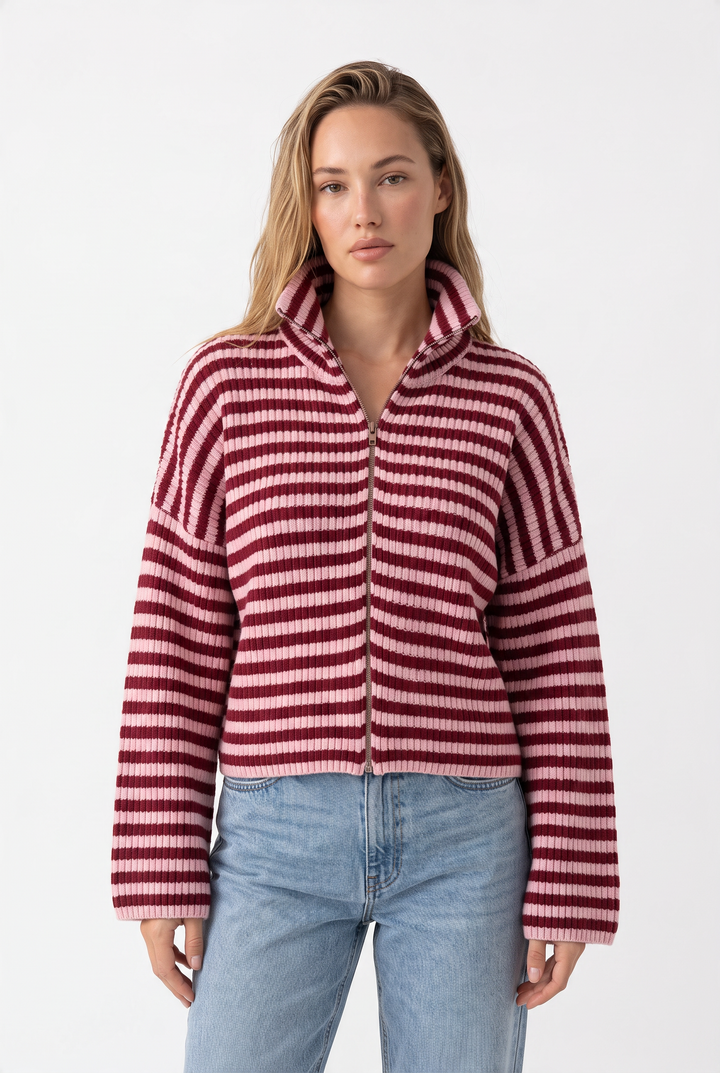 Striped Zip-Up Knit Cardigan Top