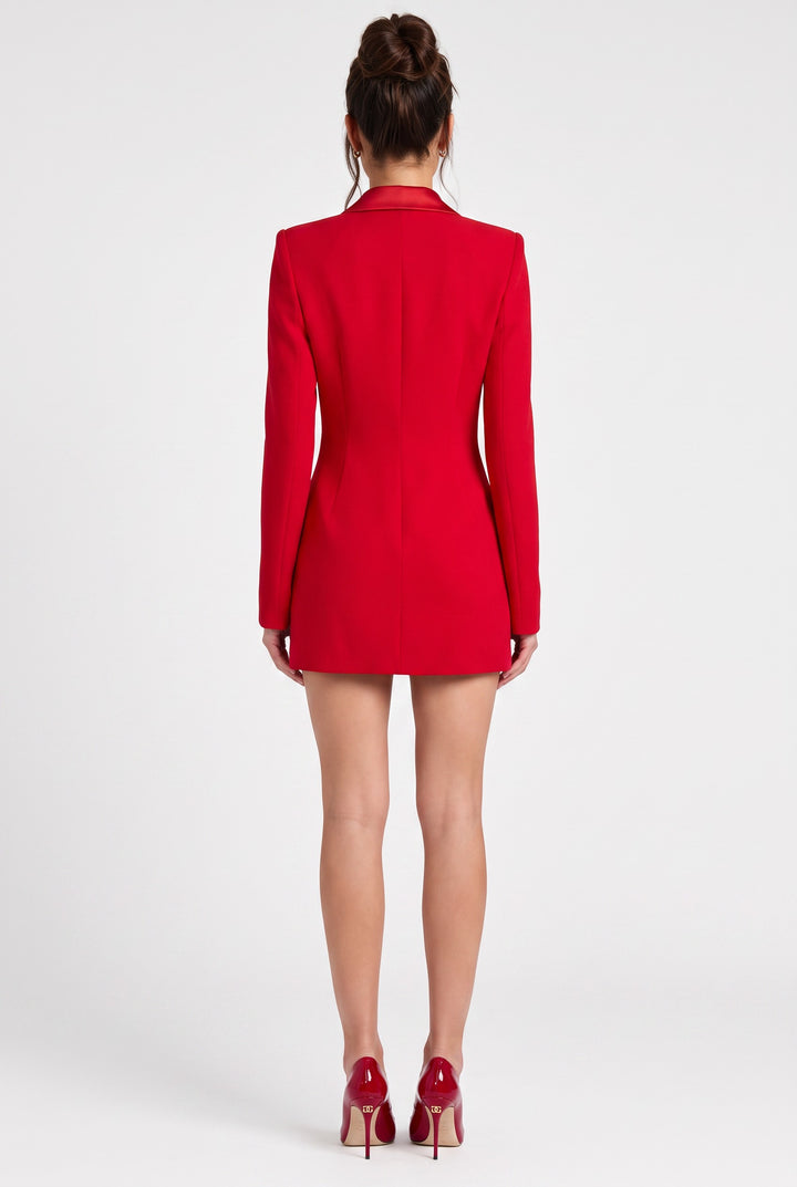 Scarlet Silk Lapelled Satin Blazer Dress