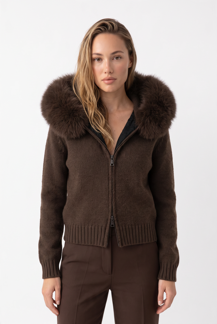 Large Fur Collar Hooded Zipper  Jacket Top