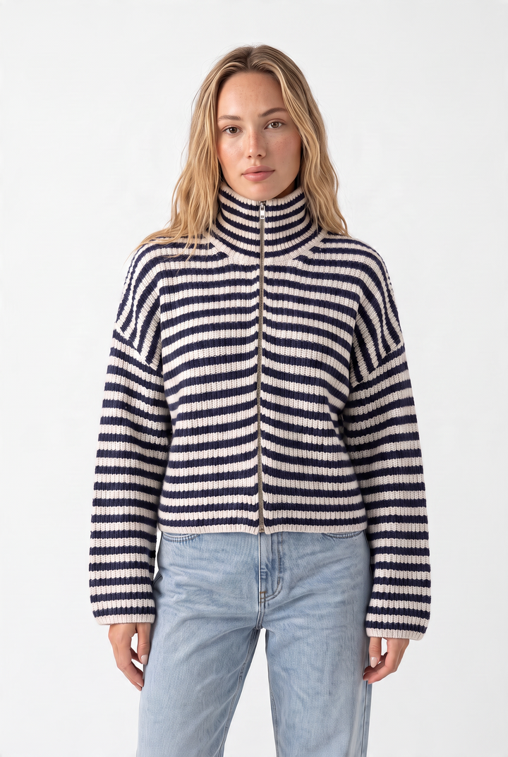 Striped Zip-Up Knit Cardigan Top