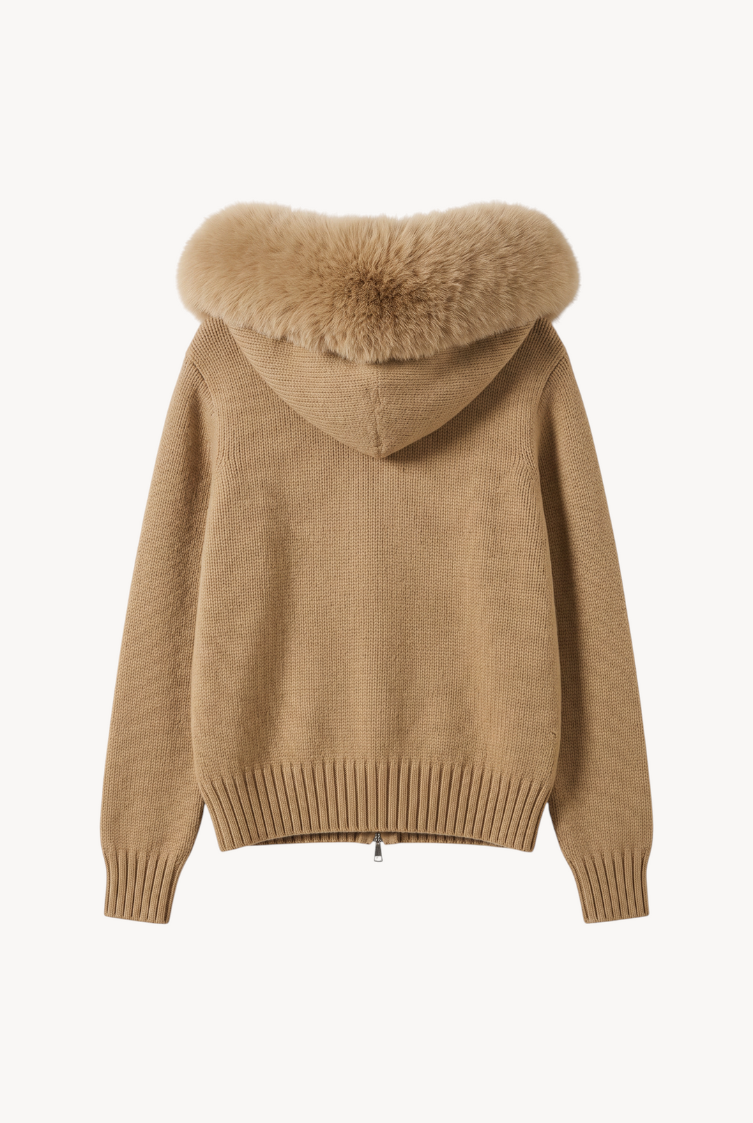 lily beige wool hooded jacket with a plush genuine fox fur trim on the hood, back view