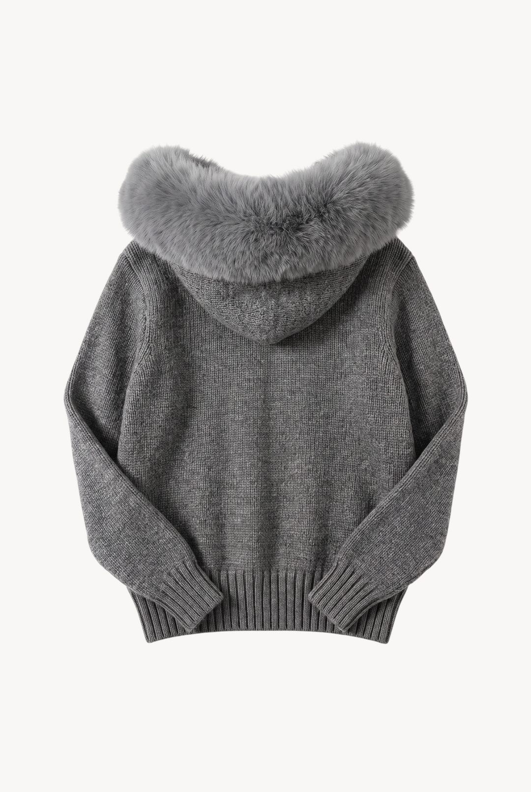 lily grey wool hooded jacket with a plush genuine fox fur trim on the hood, shown from the back view.