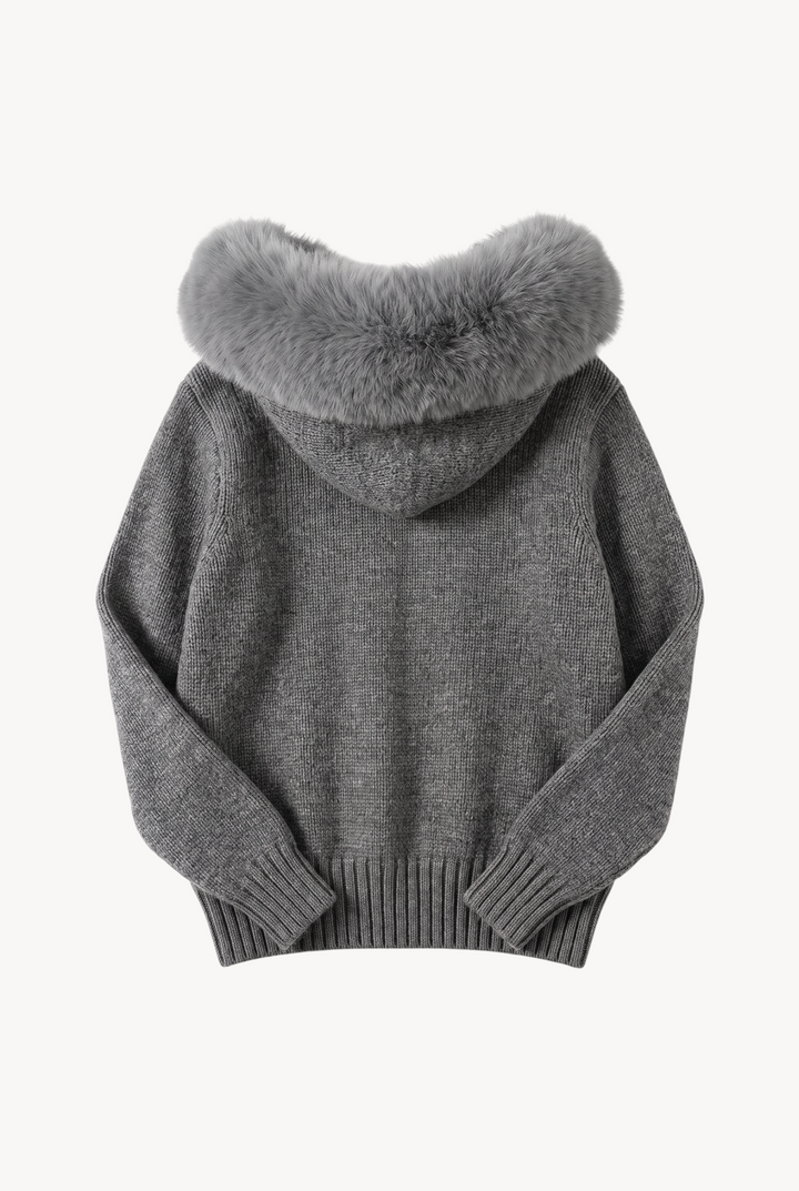 lily grey wool hooded jacket with a plush genuine fox fur trim on the hood, shown from the back view.
