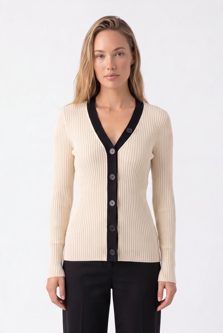 Desert Contrast Soft Wool V Neck Button Up  Top