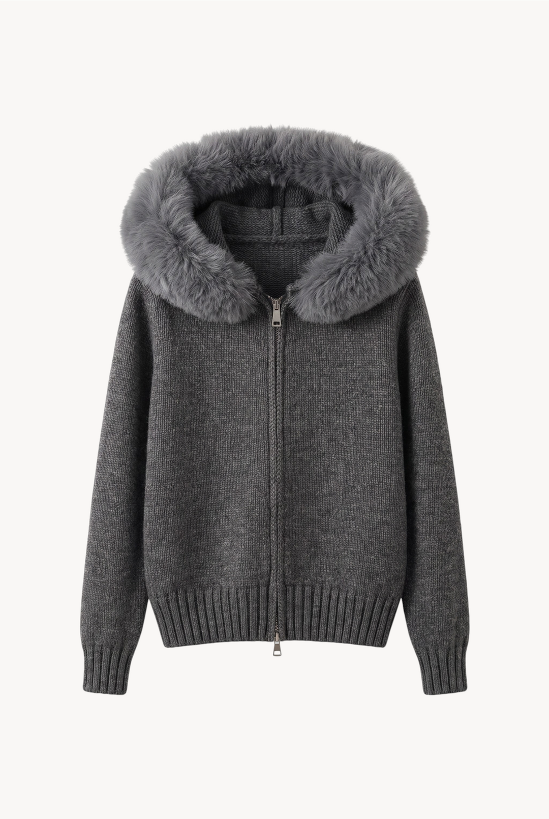 lily grey wool hooded cardigan with a plush genuine fox fur collar and full front zipper closure