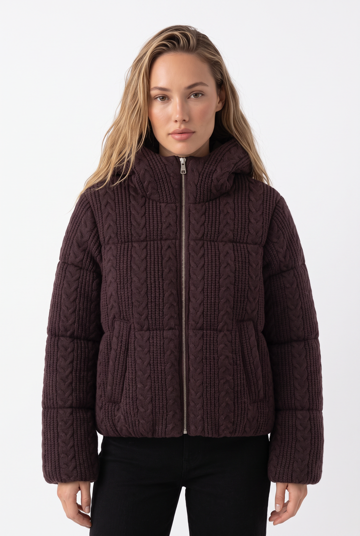Cable Knit Hooded Cotton Padded Jacket