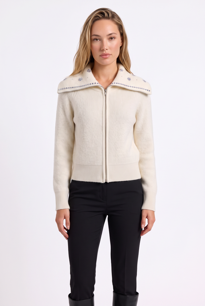 Crystal Bloom Collar Wool Cardigan Jacket Top