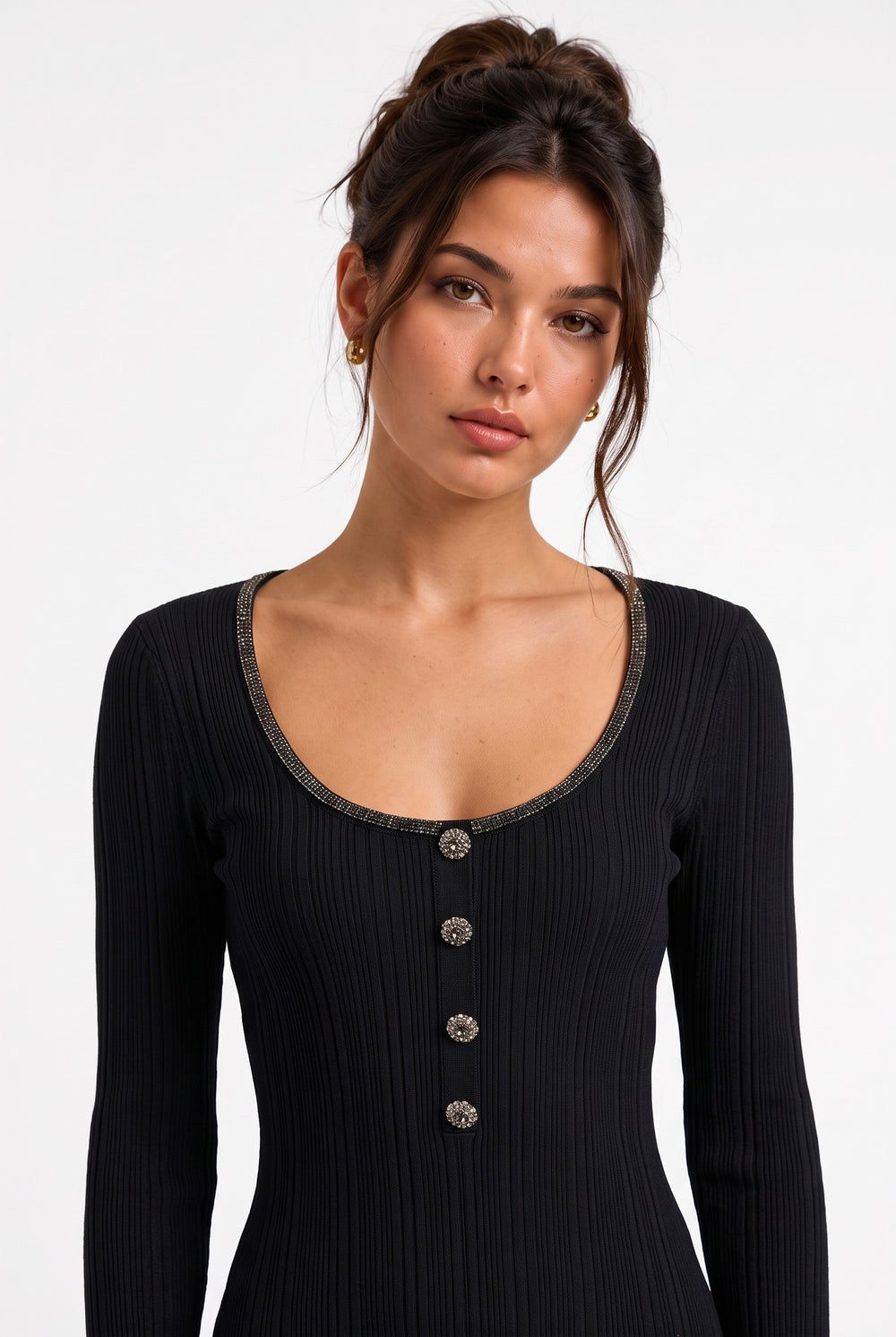 lily black ribbed wool top with a deep U-neckline, crystal trim, and four decorative crystal buttons