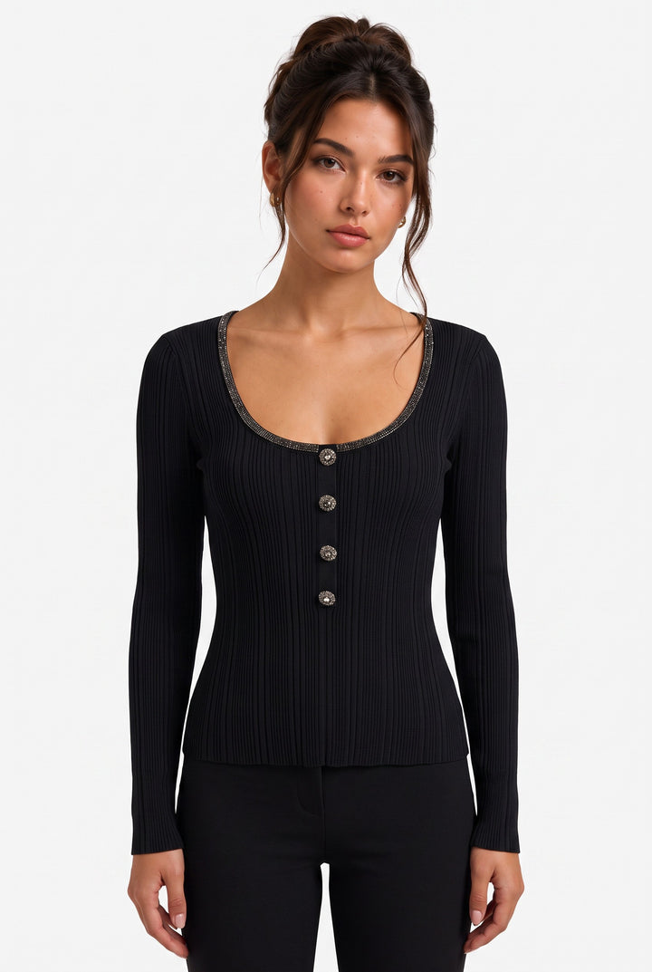 lily black ribbed wool top with a crystal-trimmed U-neck and button front detail worn by a model