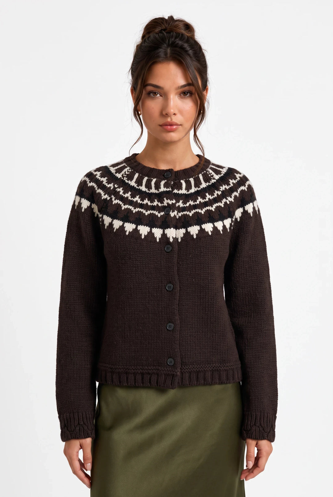lily brown wool blend cardigan with a round neck and white Nordic-inspired yoke pattern on a model
