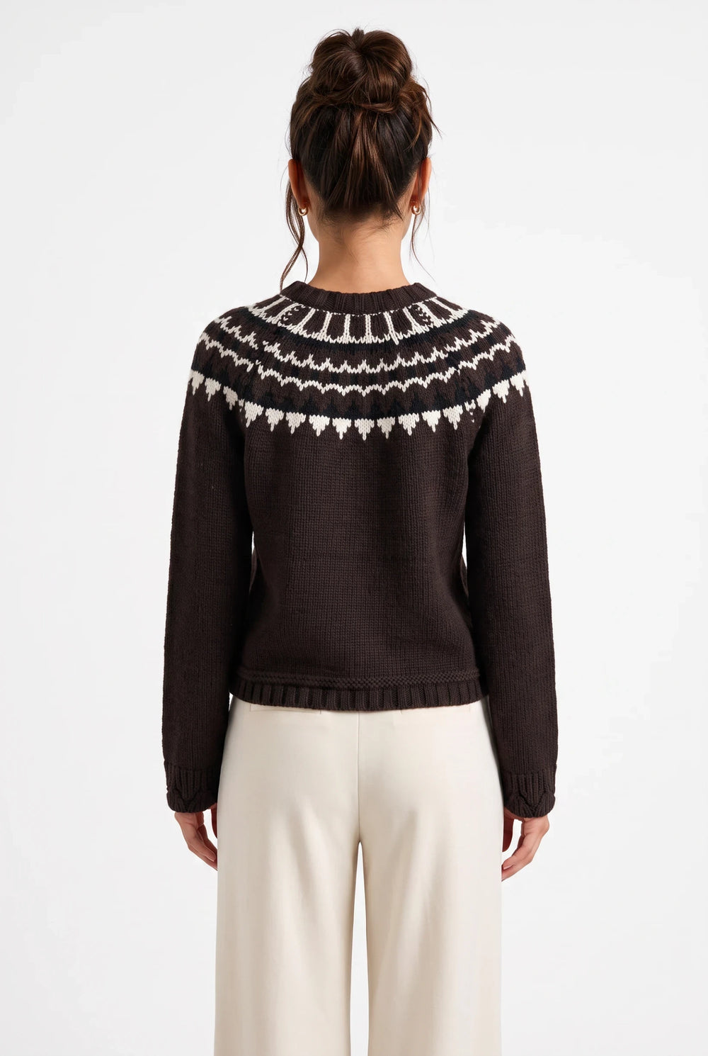 Back view of a lily brown wool-blend cardigan with a white Nordic-inspired pattern on the yoke and ribbed trims.