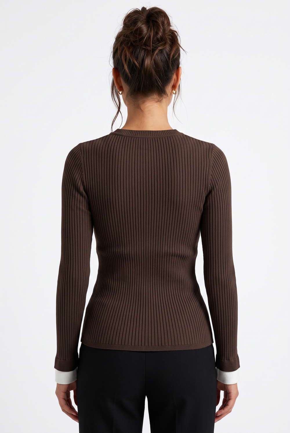Back view of a lily slim-fit brown ribbed viscose knit top with long sleeves and white contrast cuffs